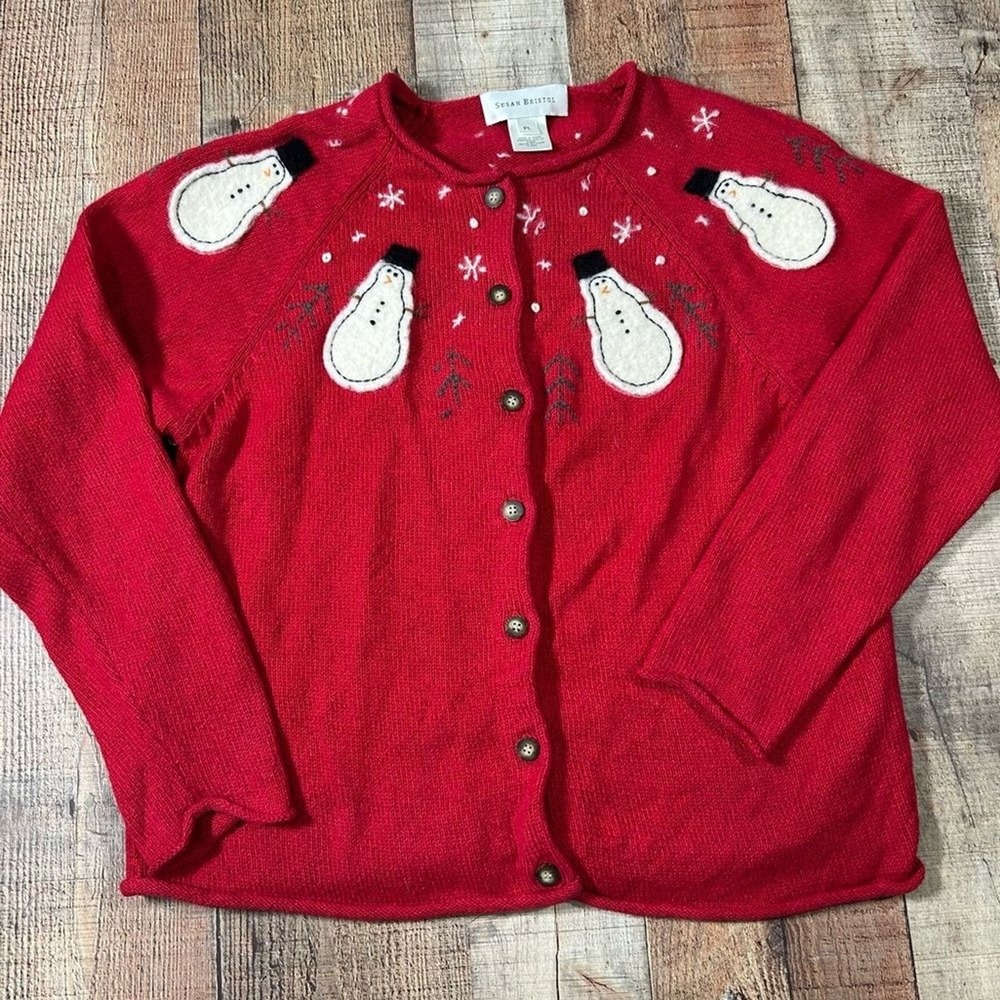 Susan Bristol Vintage Snowman Cardigan Sweater Petite Large PL Red Applique Ugly